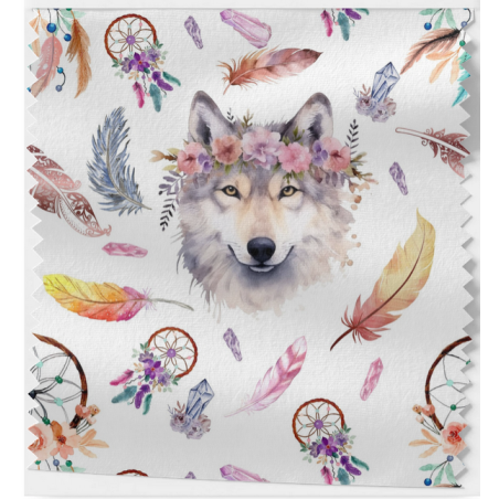 Baumwolle Canvas Wolf Stoff – Traumfänger Federn Blumen Aquarell Tiermotiv Deko Kissen Meterware Nähen DIY