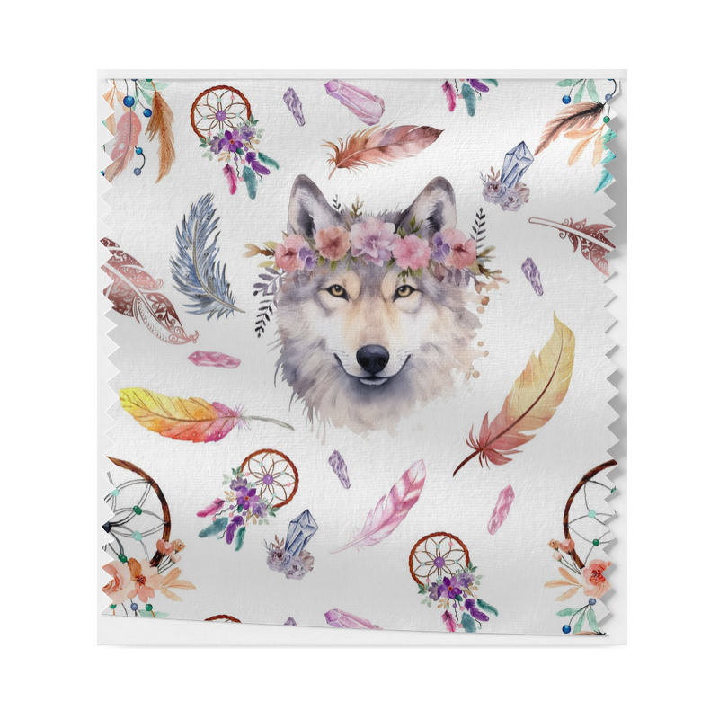 Baumwolle Canvas Wolf Stoff – Traumfänger Federn Blumen Aquarell Tiermotiv Deko Kissen Meterware Nähen DIY