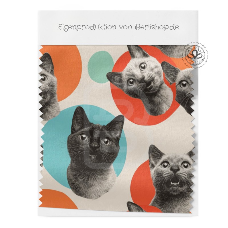 Pre-Order Katzen Stoff Pop Art Retro Orange/Türkis – Stoffdesign von Berlishop - 10 Stoffe zu Auswahl – Meterware