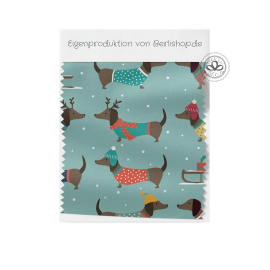 Baumwolle Canvas Dackel Stoff – Winter Hunde Schneeflocken Pullover Türkis Kinderstoff Deko Taschen Meterware Nähen DIY