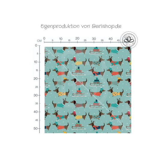 Baumwolle Canvas Dackel Stoff – Winter Hunde Schneeflocken Pullover Türkis Kinderstoff Deko Taschen Meterware Nähen DIY