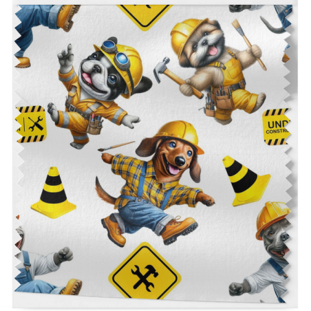 Baumwolle Canvas Baustellen Hunde Stoff – Bauarbeiter Hund Helm Werkzeug Kinderstoff Deko Taschen Meterware Nähen DIY