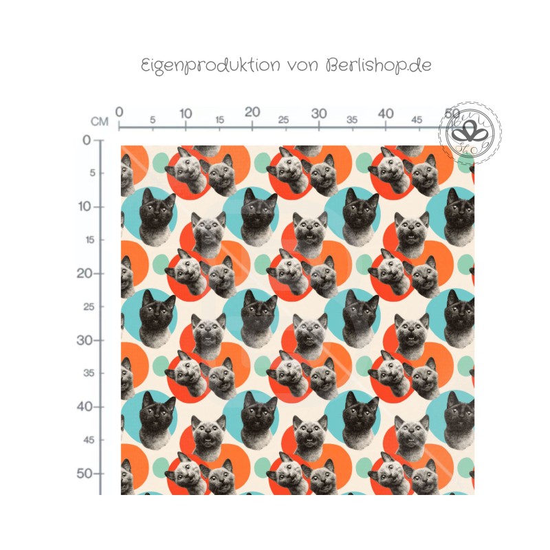 Pre-Order Katzen Stoff Pop Art Retro Orange/Türkis – Stoffdesign von Berlishop - 10 Stoffe zu Auswahl – Meterware
