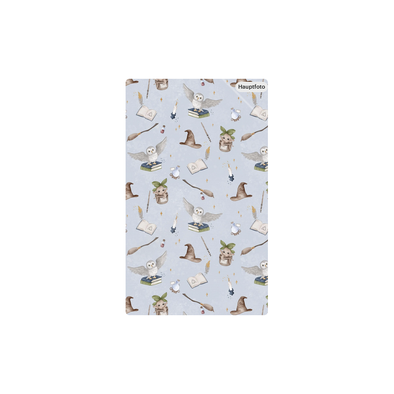 Baumwolle Canvas Zauberstoff Magische Eule Hexenhut Bücher Fantasy Grau/Grün – 153 g/m² –  Meterware 160 cm Eigenproduktion