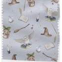 Baumwolle Canvas Zauberstoff Magische Eule Hexenhut Bücher Fantasy Grau/Grün – 153 g/m² –  Meterware 160 cm Eigenproduktion
