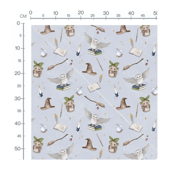 Baumwolle Canvas Magische Welt Stoff 160 cm – Eule Hexenhut Bücher Fantasy Kinderstoff Hellblau – 153 g/m – Eigenproduktion