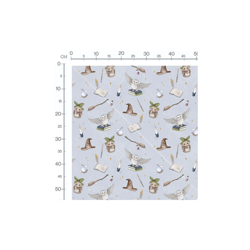 Baumwolle Canvas Zauberstoff Magische Eule Hexenhut Bücher Fantasy Grau/Grün – 153 g/m² –  Meterware 160 cm Eigenproduktion
