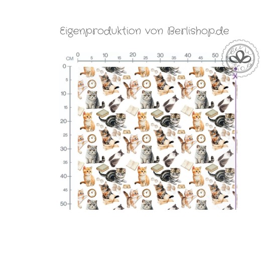 Baumwolle Canvas Katzen Stoff – Katzen Bücher Uhr Aquarell Tiermotiv Kinderstoff Deko Taschen Meterware Nähen DIY