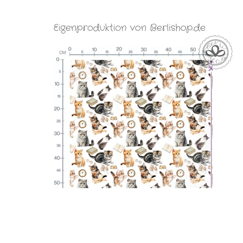 Baumwolle Canvas Katzen Stoff – Katzen Bücher Uhr Aquarell Tiermotiv Kinderstoff Deko Taschen Meterware Nähen DIY
