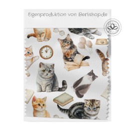 Baumwolle Canvas Katzen Stoff – Katzen Bücher Uhr Aquarell Tiermotiv Kinderstoff Deko Taschen Meterware Nähen DIY