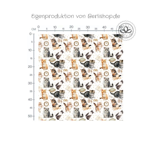 Baumwolle Canvas Baumwolle Canvas Katzen Stoff – Katzen Bücher Uhr Herzen  Tiermotiv Kinderstoff Deko Meterware Nähen DI