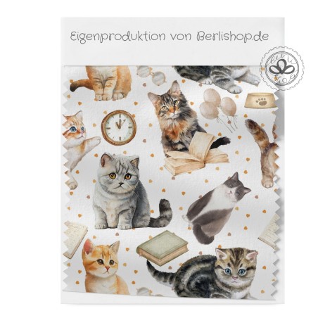 Baumwolle Canvas Katzen Stoff 160 cm – Katzen Bücher Uhr Herzen – 153 g/m² – Eigenproduktion