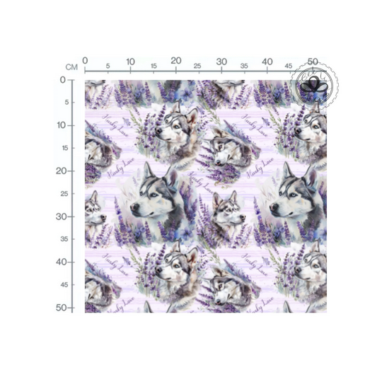 Baumwolle Canvas Husky Stoff – Lavendel Hunde Aquarell Husky Love Lila Natur Tiermotiv Deko Meterware Nähen DIY