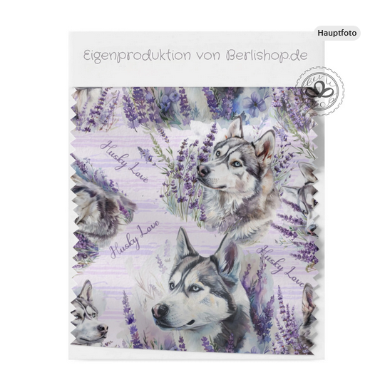 Baumwolle Canvas Husky Stoff – Lavendel Hunde Aquarell Husky Love Lila Natur Tiermotiv Deko Meterware Nähen DIY