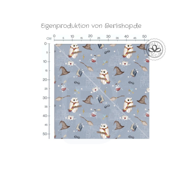 Baumwolle Canvas Zauberstoff Magische Eule & Hexenhut Grau/Rot– 153 g/m² Meterware 160 cm Eigenproduktion