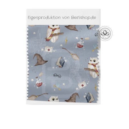 Baumwolle Canvas Zauberstoff Magische Eule & Hexenhut Grau/Rot– 153 g/m² Meterware 160 cm Eigenproduktion