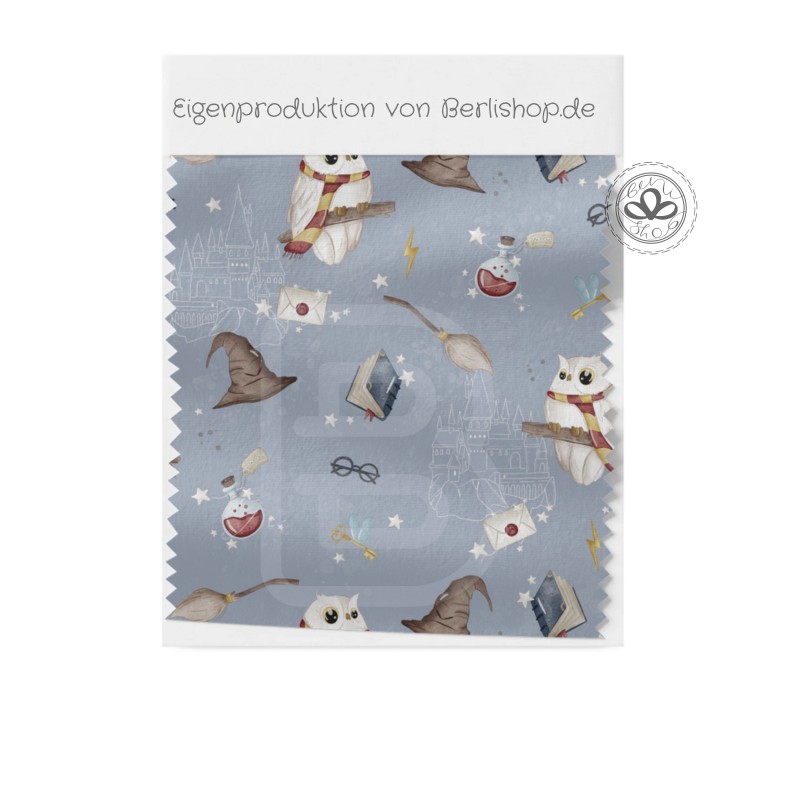 Baumwolle Canvas Zauber Stoff – Magische Eule Hexenhut Bücher Sterne Fantasy Kinderstoff Grau Meterware Nähen DIY