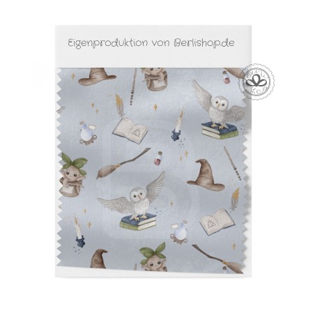 Baumwolle Canvas Magische Welt Stoff 160 cm – Eule Hexenhut Bücher Fantasy Kinderstoff Hellblau – 153 g/m – Eigenproduktion