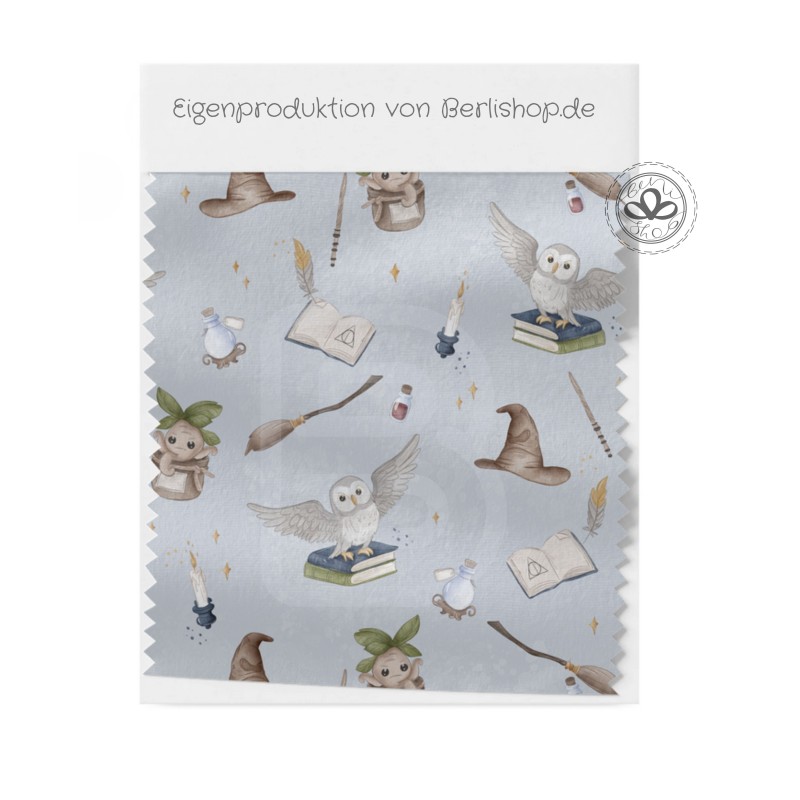 Baumwolle Canvas Magische Welt Stoff 160 cm – Eule Hexenhut Bücher Fantasy Kinderstoff Hellblau – 153 g/m – Eigenproduktion