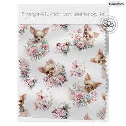 Baumwolle Canvas Chihuahua Stoff 160 cm – Rosen & Schmetterlingen Aquarell Rosa – 153 g/m² – Eigenproduktion