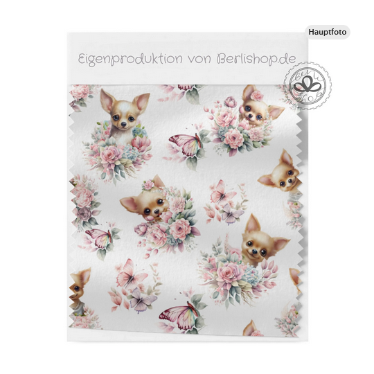 Baumwolle Canvas Chihuahua Stoff 160 cm – Rosen & Schmetterlingen Aquarell Rosa – 153 g/m² – Eigenproduktion
