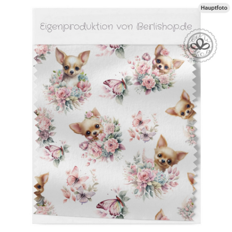 Baumwolle Canvas Chihuahua Stoff – Blumen Rosen Aquarell Hundemotiv Rosa Kinderstoff Deko Meterware Nähen DIY
