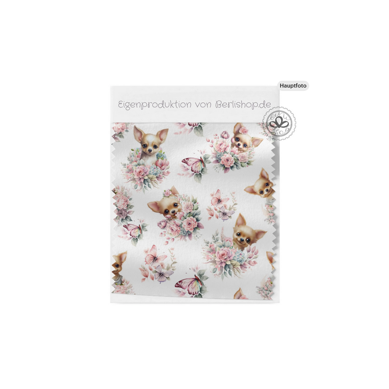 Baumwolle Canvas Chihuahua Stoff 160 cm – Rosen & Schmetterlingen Aquarell Rosa – 153 g/m² – Eigenproduktion