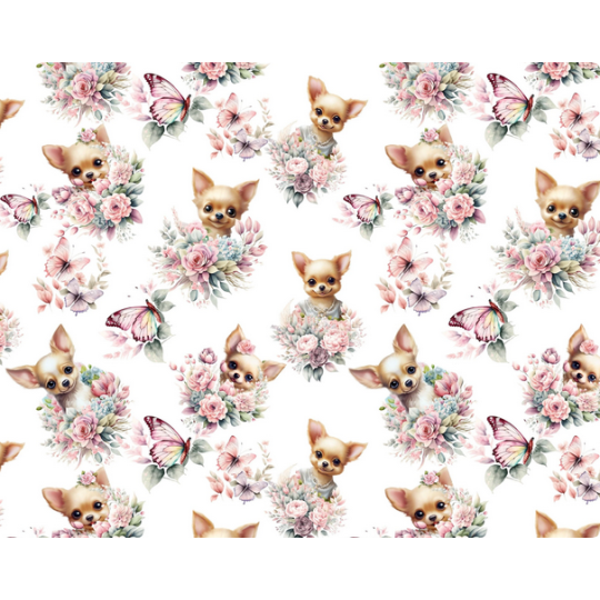 Baumwolle Canvas Chihuahua Stoff mit Rosen & Schmetterlingen – Aquarell Rosa– 153 g/m² – Eigenproduktio