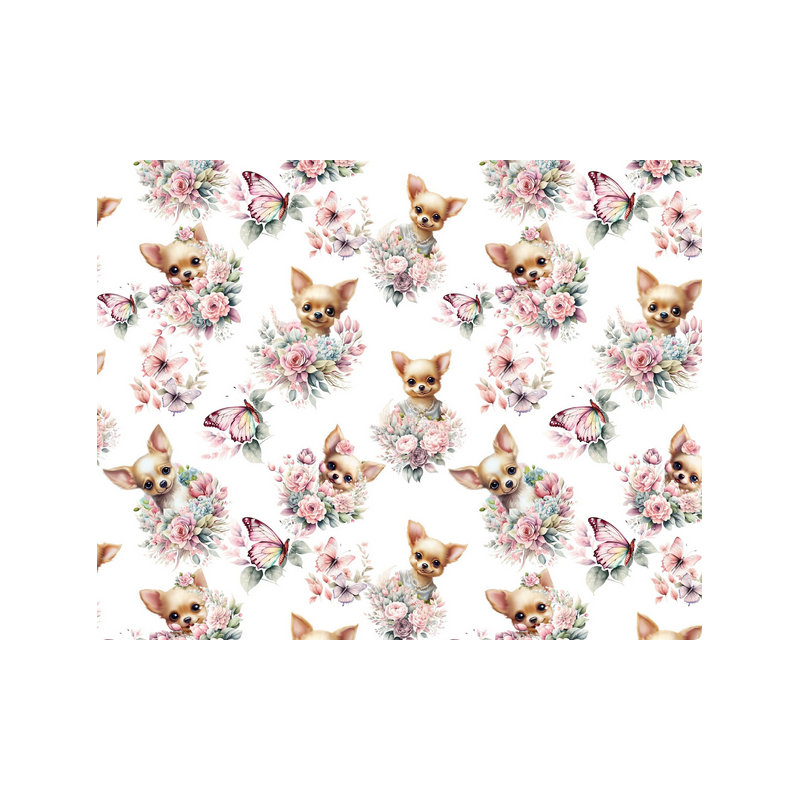 Baumwolle Canvas Chihuahua Stoff mit Rosen & Schmetterlingen – Aquarell Rosa– 153 g/m² – Eigenproduktio