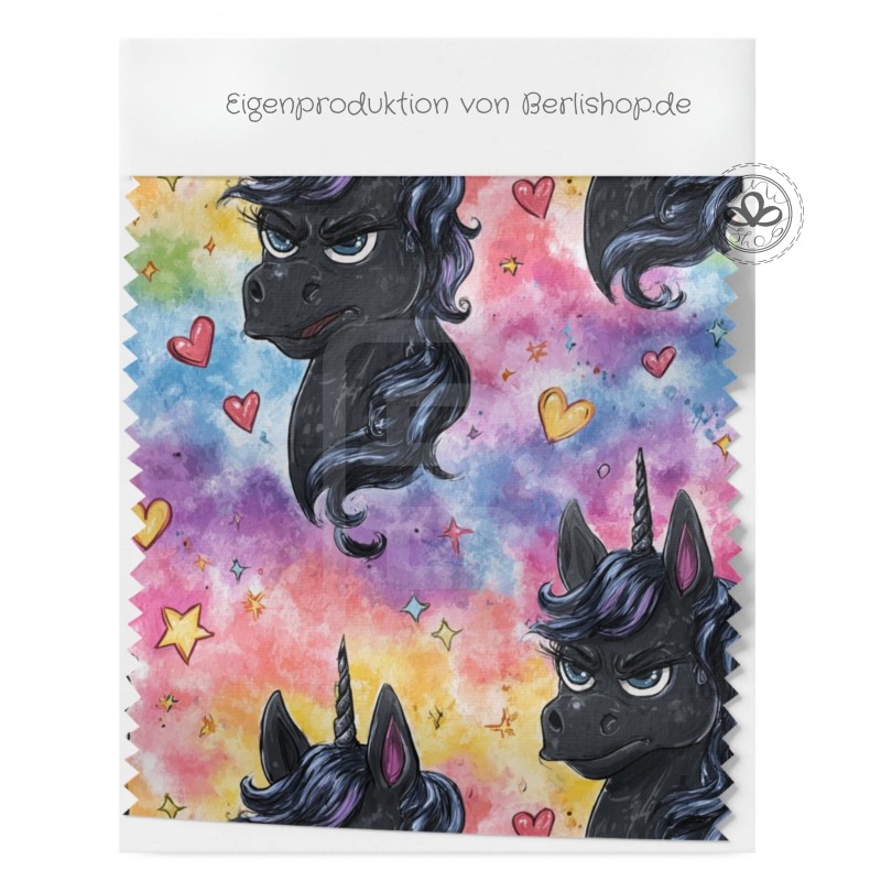 Vorbestellung – Einhorn Stoff – süße schwarze Einhörner – Regenbogen Look – wählbar in 10 Stoffarten