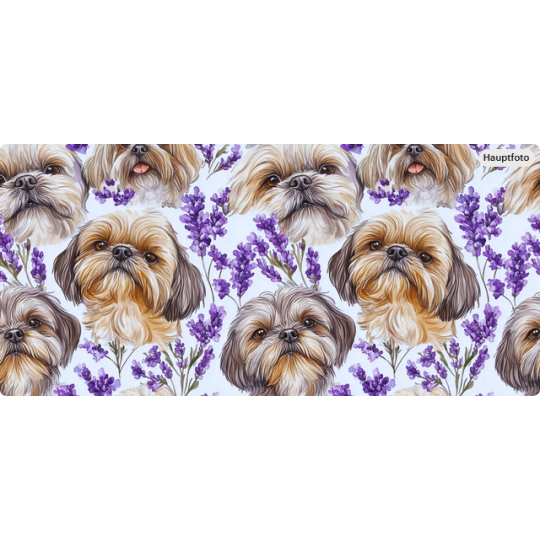 Baumwolle Canvas Shih Tzu Stoff – Lavendel Hunde Aquarell Blumen Tiermotiv Lila Deko Meterware Nähen DIY