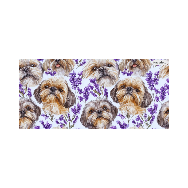 Baumwolle Canvas Shih Tzu Stoff – Lavendel Hunde Aquarell Blumen Tiermotiv Lila Deko Meterware Nähen DIY