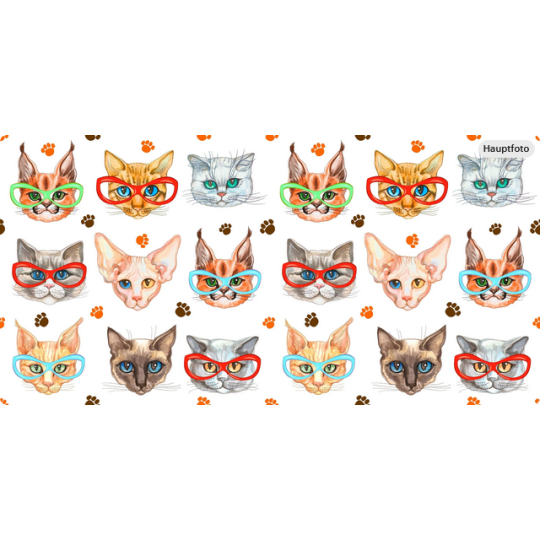 Baumwolle Canvas Katzen Stoff – Katzenköpfe mit Brille Pfoten Bunt Kinderstoff Deko Taschen Meterware Nähen DIY