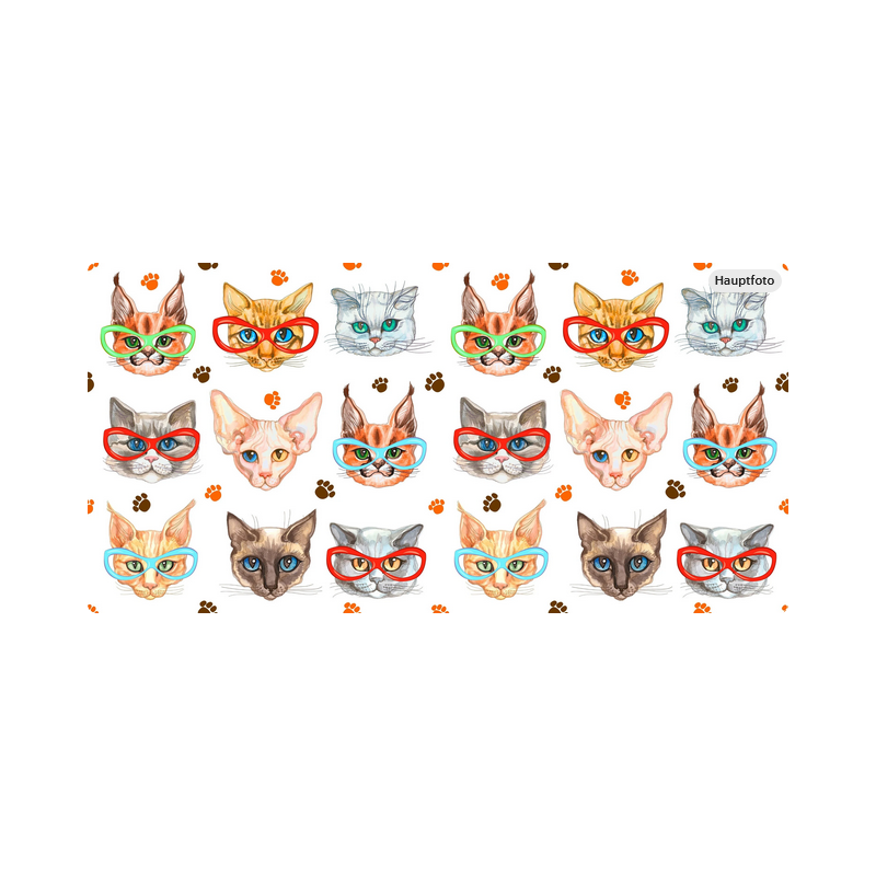 Baumwolle Canvas Katzen Stoff 160 cm – Katzenköpfe mit Brille & Pfoten – 153 g/m² – Eigenproduktion