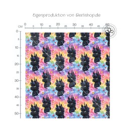Designer Stoff Vorbestellung Schwarze Einhörner Regenbogen – Fantasy Stoff Meterware Eigenproduktion