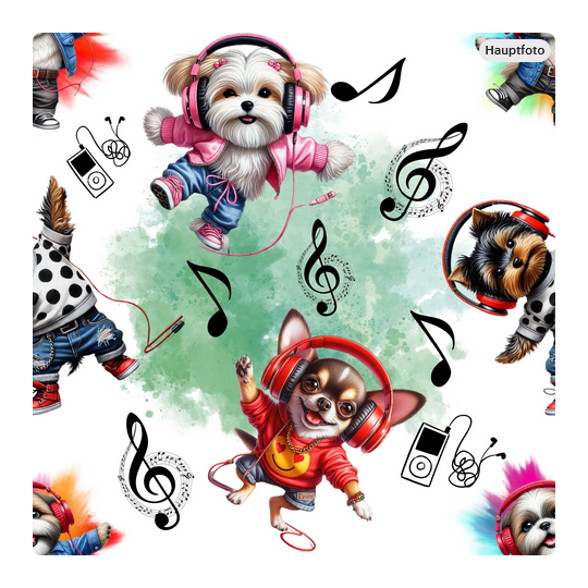 Baumwolle Canvas Hunde Stoff – DJ Welpen Musik Kopfhörer Bunt Kinderstoff Deko Taschen Meterware Nähen DIY