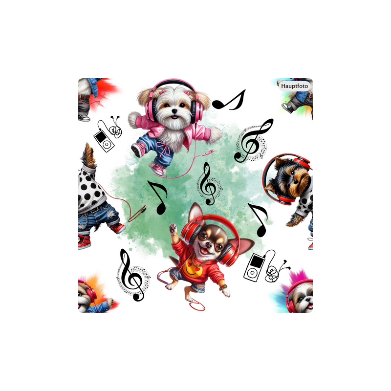 Baumwolle Canvas Hunde Stoff – DJ Welpen Musik Kopfhörer Bunt Kinderstoff Deko Taschen Meterware Nähen DIY