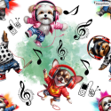 Baumwolle Canvas DJ Hunde Stoff 160 cm – Welpen mit Kopfhörern Musik – 153 g/m² – Eigenproduktion