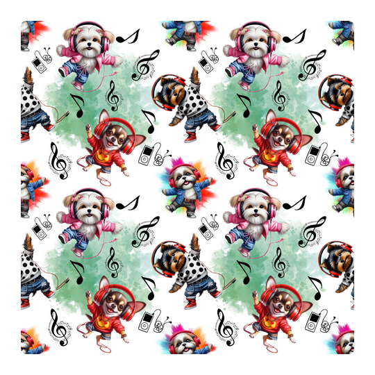 Baumwolle Canvas DJ Hunde Stoff 160 cm – Welpen mit Kopfhörern Musik – 153 g/m² – Eigenproduktion