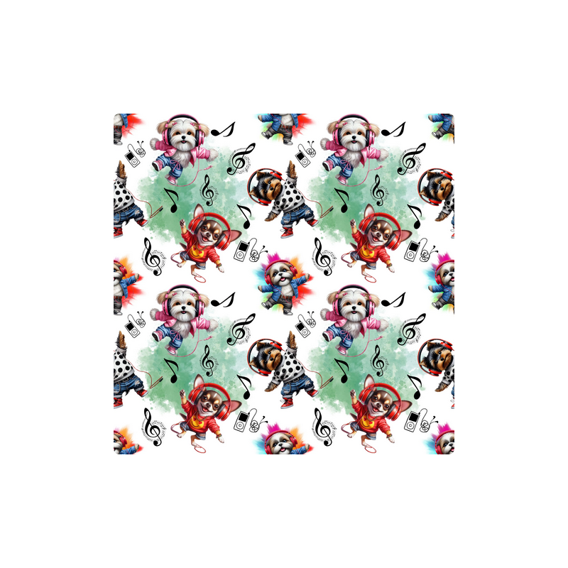 Baumwolle Canvas Hunde Stoff – DJ Welpen Musik Kopfhörer Bunt Kinderstoff Deko Taschen Meterware Nähen DIY