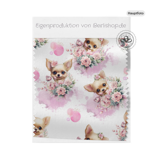 Baumwolle Canvas Chihuahua Stoff – Splash Blumen Rosen Aquarell Hundemotiv Rosa Kinderstoff Deko Meterware Nähen DIY
