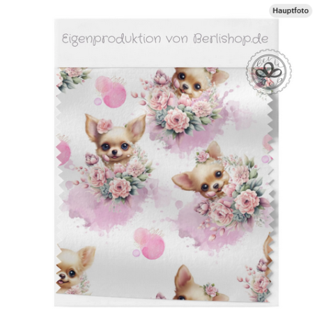 Baumwolle Canvas Chihuahua Stoff – Splash Blumen Rosen Aquarell Hundemotiv Rosa Kinderstoff Deko Meterware Nähen DIY