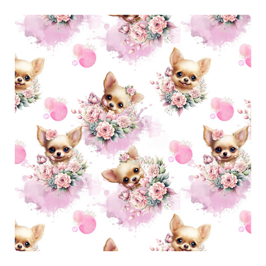 Baumwolle Canvas Chihuahua Stoff – Splash Blumen Rosen Aquarell Hundemotiv Rosa Kinderstoff Deko Meterware Nähen DIY