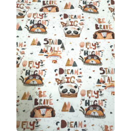 Baumwolle Canvas Panda Stoff – Dream Big Fly High Kinder Motiv Bär Beige Kinderstoff Deko Meterware Nähen DIY