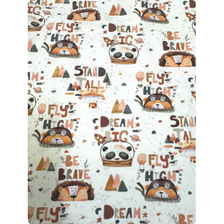 Baumwolle Canvas Panda Stoff – Dream Big Fly High Kinder Motiv Bär Beige Kinderstoff Deko Meterware Nähen DIY