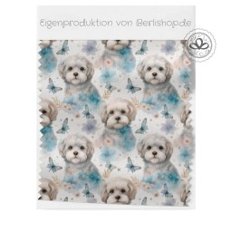 French Terry Sommersweat – Malteser Hunde mit Blumen & Schmetterlingen – Pastell Welpen Stoff für Kinderkleidung, Hundekleidung