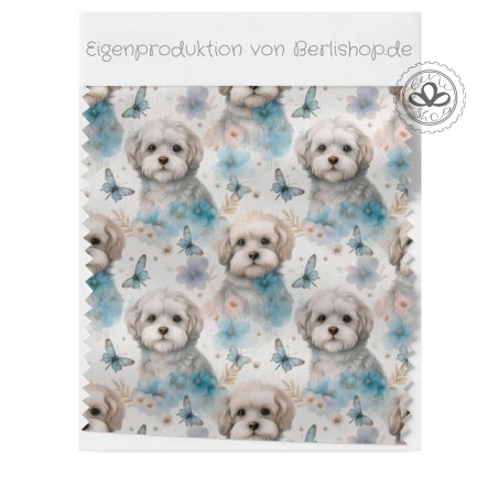 French Terry Sommersweat – Malteser Hunde mit Blumen & Schmetterlingen – Pastell Welpen Stoff für Kinderkleidung, Hundekleidung