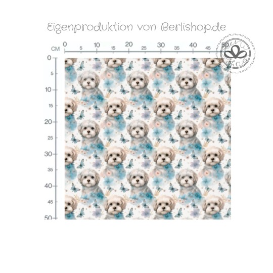 French Terry Sommersweat – Malteser Hunde mit Blumen & Schmetterlingen – Pastell Welpen Stoff für Kinderkleidung, Hundekleidung