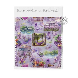 Baumwolle Canvas Stoff – Lila Sommer Picknick Vanlife See & Blumen Aquarell Stoff für Deko Taschen Kissen