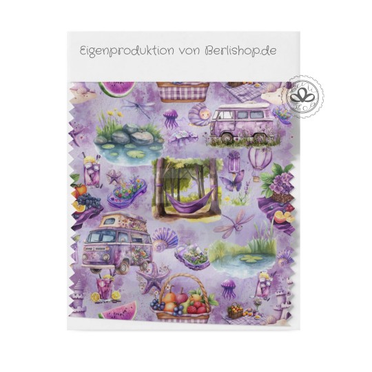 Baumwolle Canvas Sommer Stoff Lila 160 cm – Vanlife Picknick Blumen– 153 g/m² – Eigenproduktion